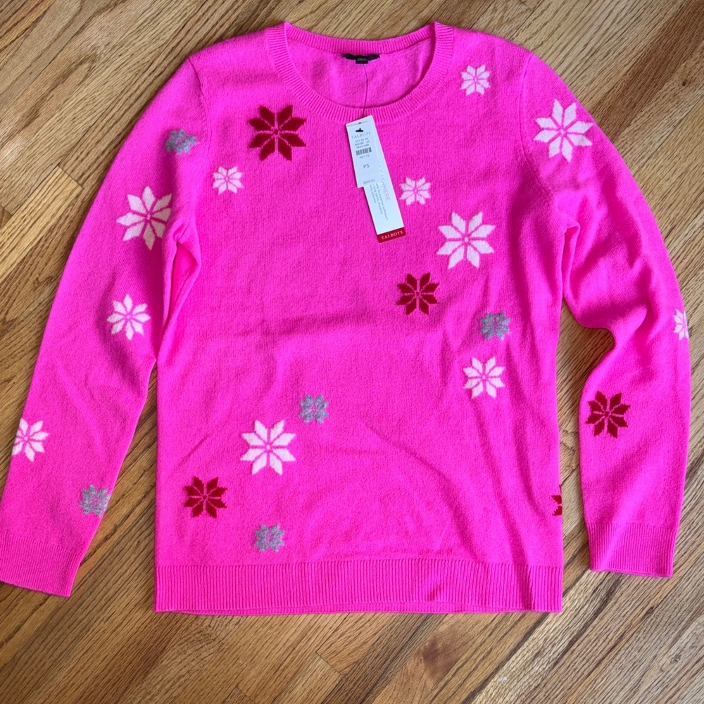Cashmere PS Talbots Hot Pink snowflake Crewneck Sweater